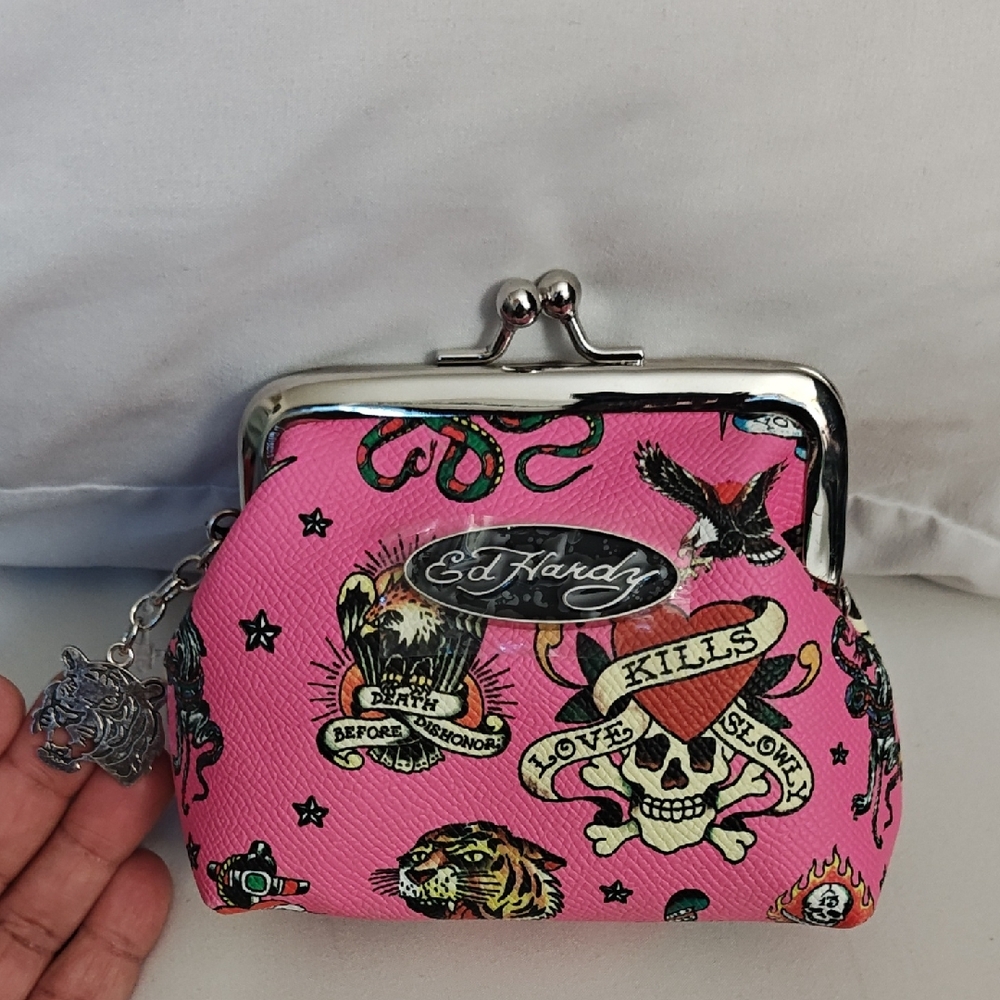 Ed Hardy Pink Graphic Cosmetic Coin Purse